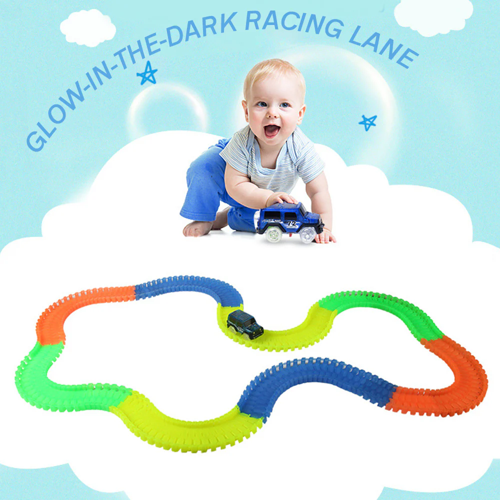 Magic Tracks with 9Ft Flexible Glow Racing Tracks 220Pcs and Light up Racing Polic Car - Image 2
