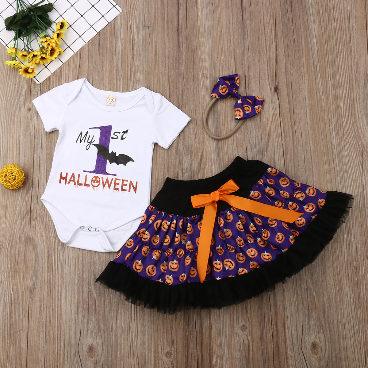 Baby Girl 1st Halloween Dress Romper Tutu Dress with Headband 3PCS Outfit - Image 3
