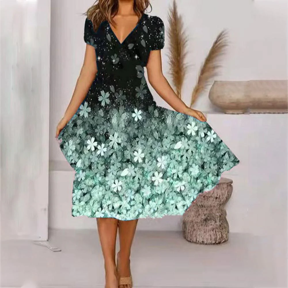 HOT SALE Black Ombre Floral Print V Neck Short Sleeve Dress - Image 2