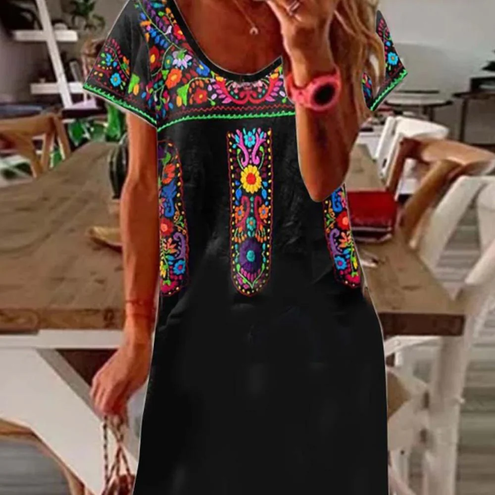 Black Round Neck Colorful Floral Print Short Sleeve Long Dress - Image 3