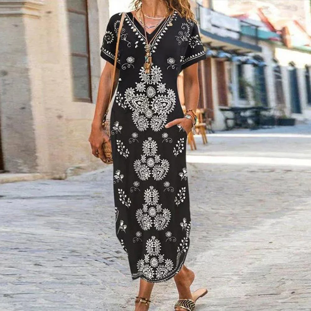 Black V Neck Floral Print Short Sleeve Pocket Dress