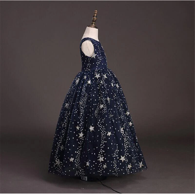 Blue Starry Printing Lace Long Comunion Dress Cotton Lining Princess Sequin Girl Dress - Image 2