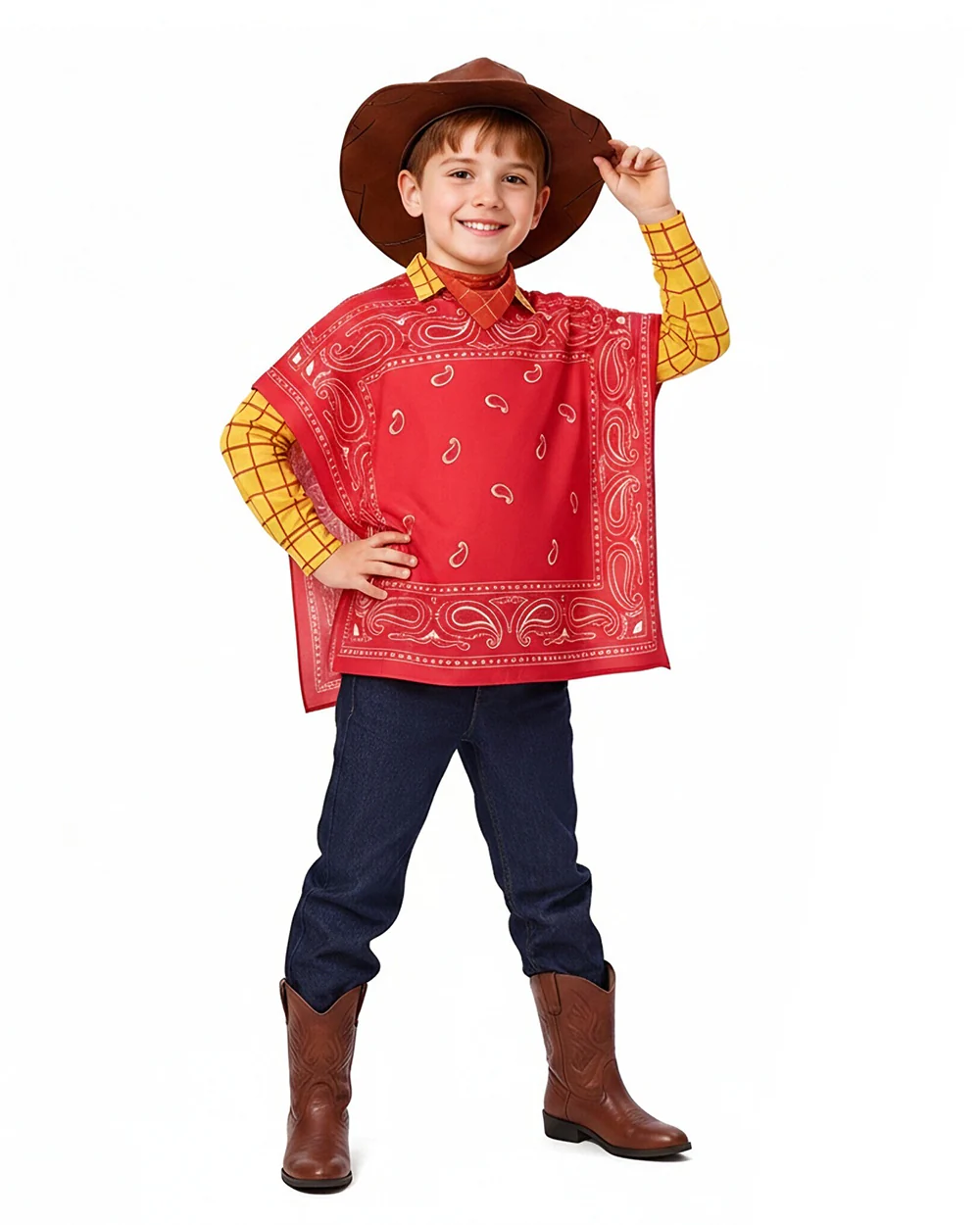 Boys Mens Western Sheriff Woody Costume Wanderer Cowboy Yellow Checkered Shirt Set with Hat for Cosplay - Image 5