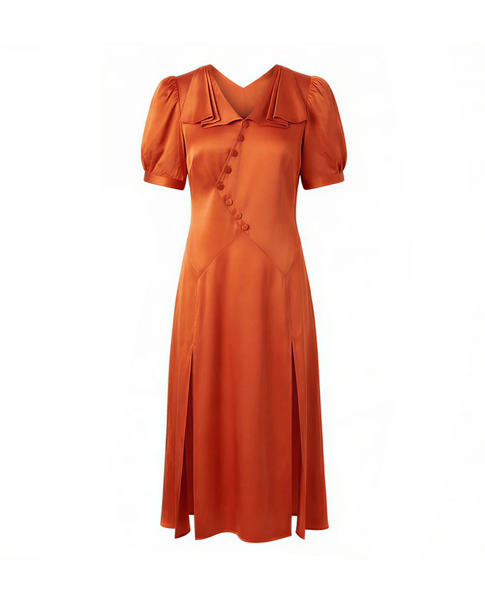 Bride Satin Dress Retro Rust Midi Gown with Oblique Button for Themed Events - Image 6