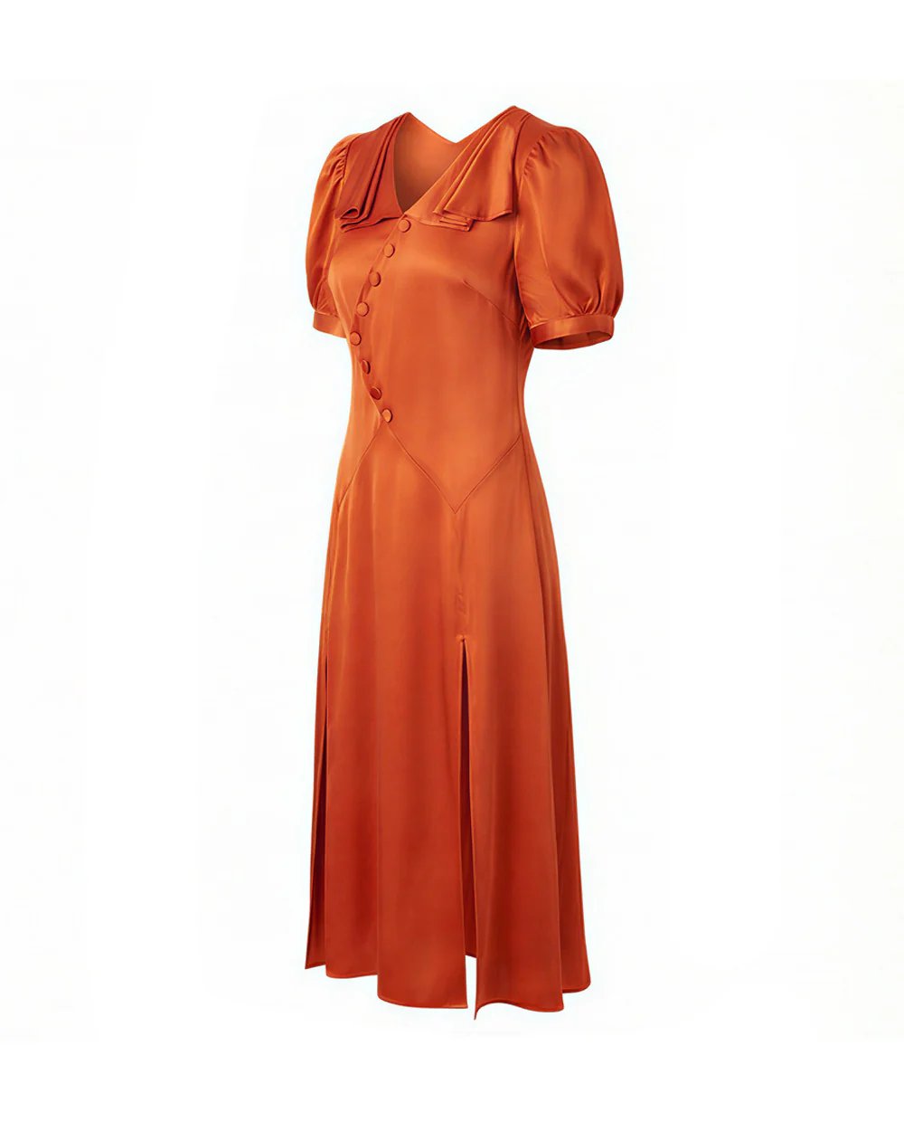 Bride Satin Dress Retro Rust Midi Gown with Oblique Button for Themed Events - Image 7
