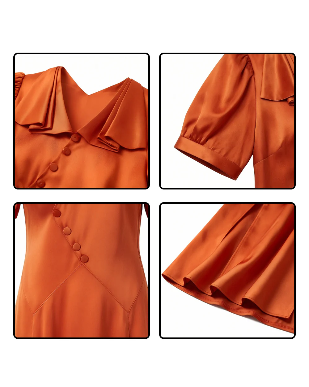 Bride Satin Dress Retro Rust Midi Gown with Oblique Button for Themed Events - Image 8