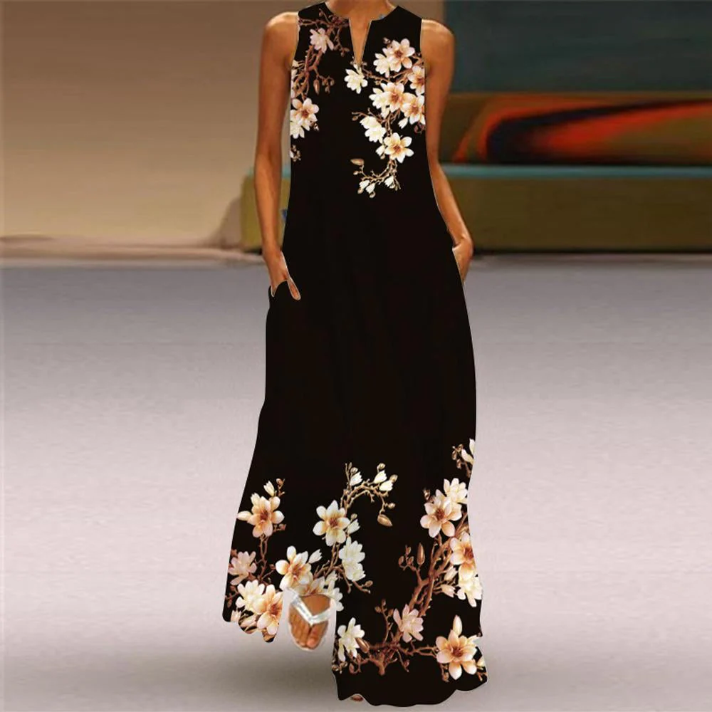 Butterfly & Floral Print Sleeveless V Neck Maxi Dress - Image 3