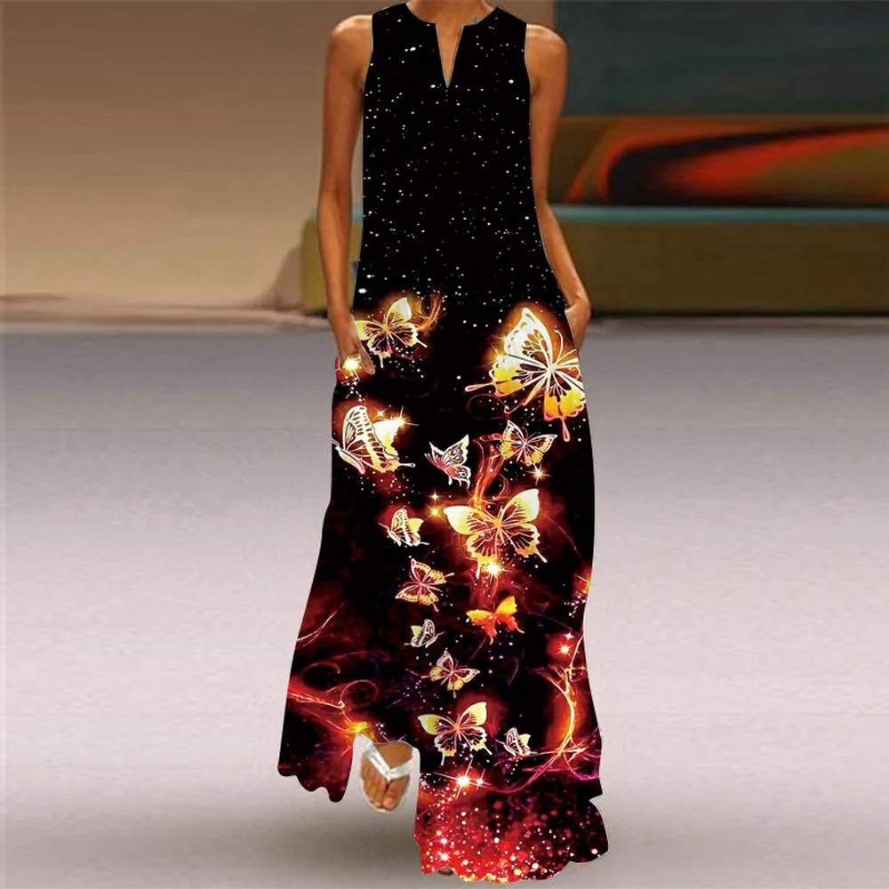 Butterfly & Floral Print Sleeveless V Neck Maxi Dress - Image 4