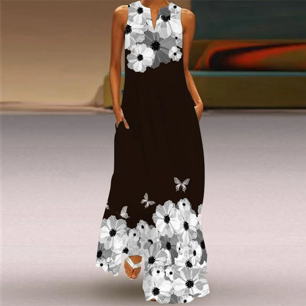 Butterfly & Floral Print Sleeveless V Neck Maxi Dress - Image 5