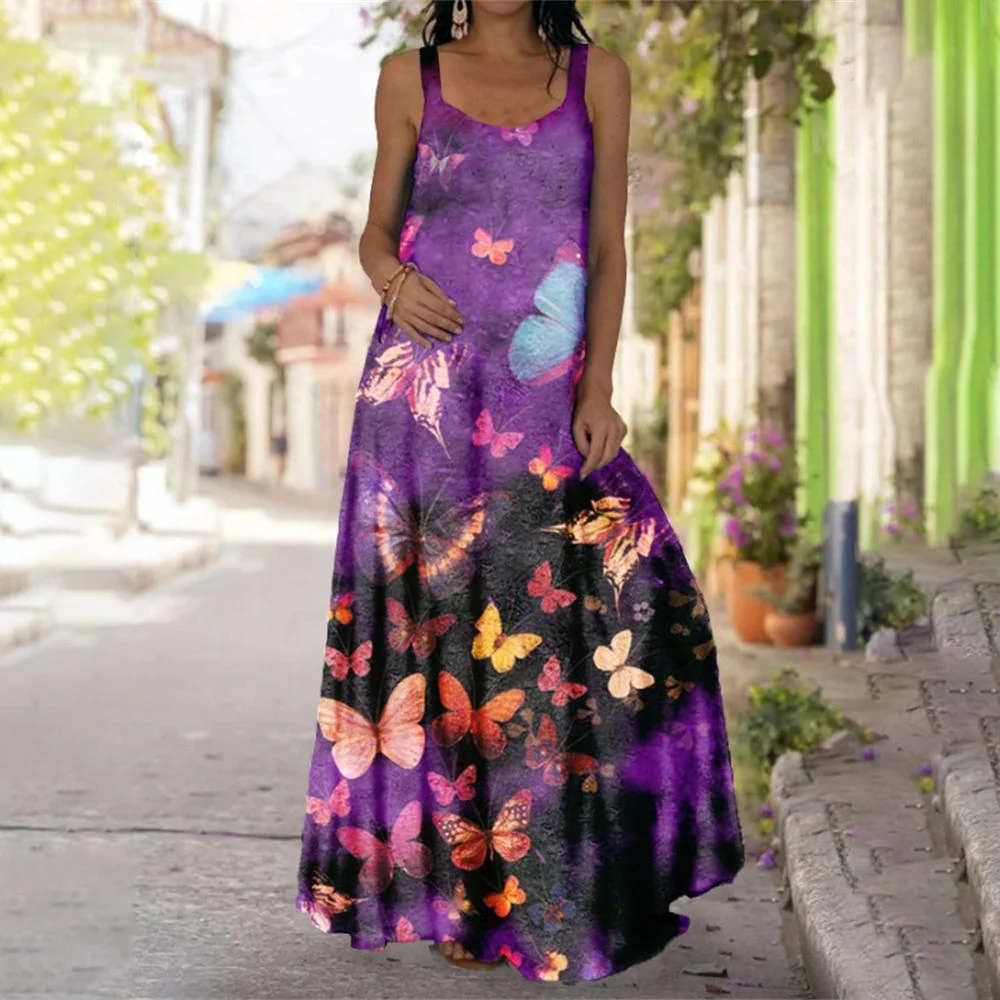 Butterfly & Floral Round Neck Wide Strap Cami Dress - Image 8