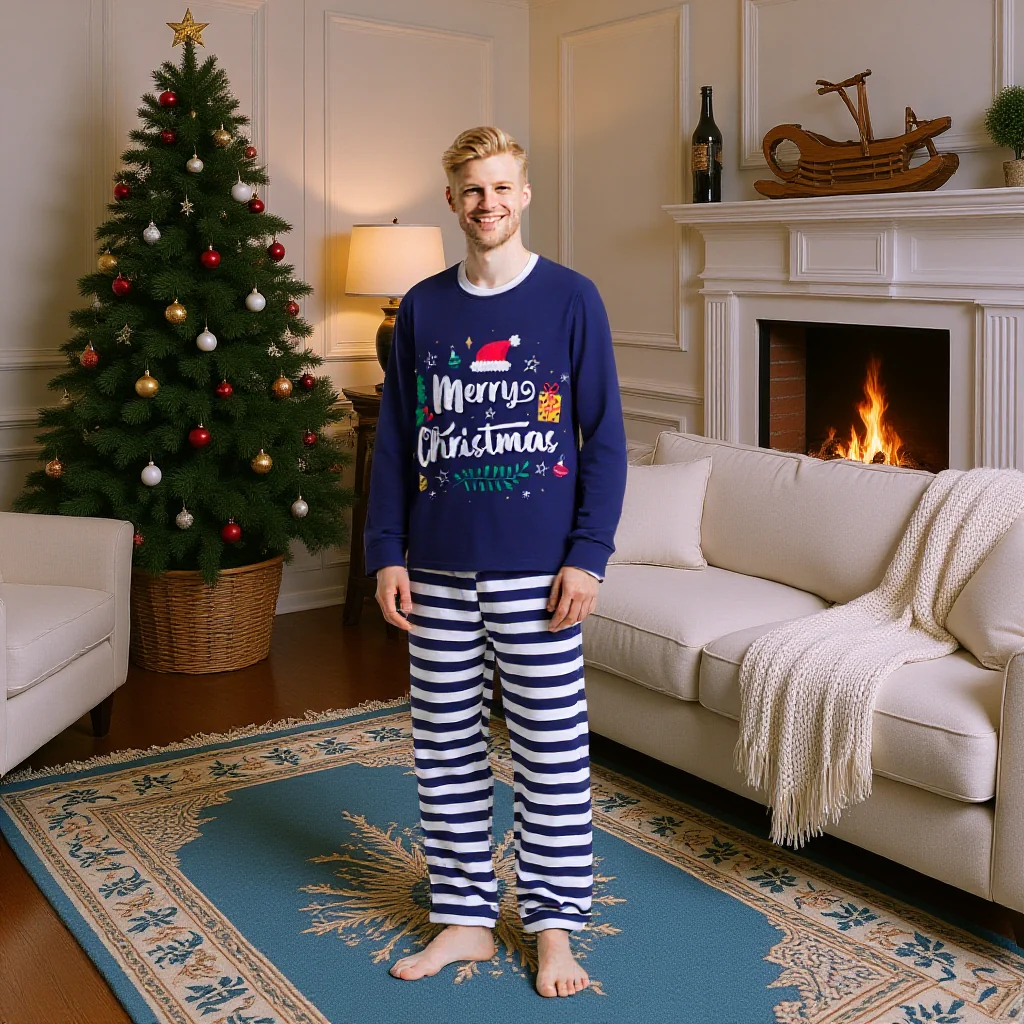 Christmas Pajamas Navy Xmas Top with Striped Pants Matching Holiday Sleepwear for Family - Image 2