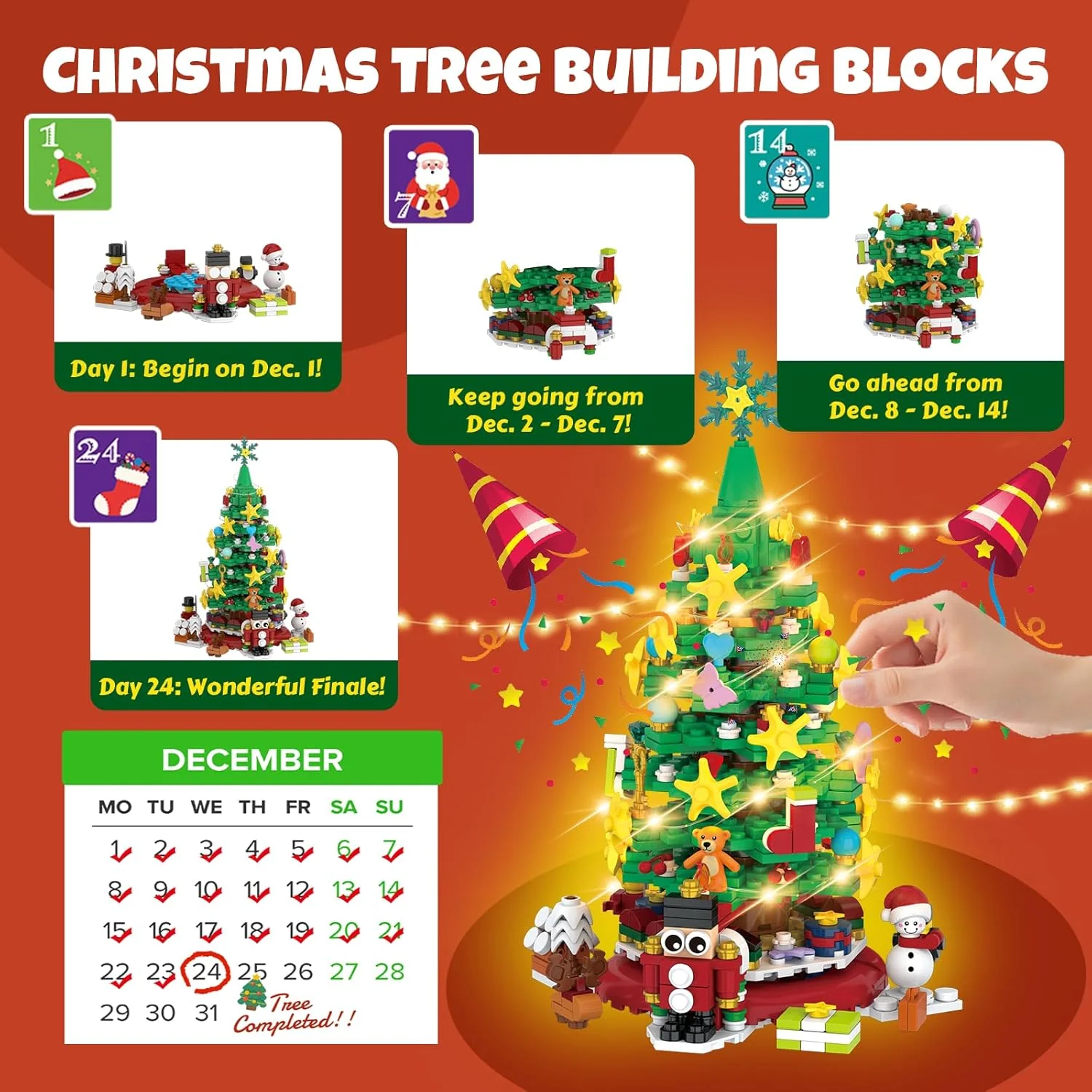 Advent Calendar 2025 Christmas Tree Building Block Set with Light Calendar Building Kit 24pcs Blind Box Creative Holiday Gifts - Image 4