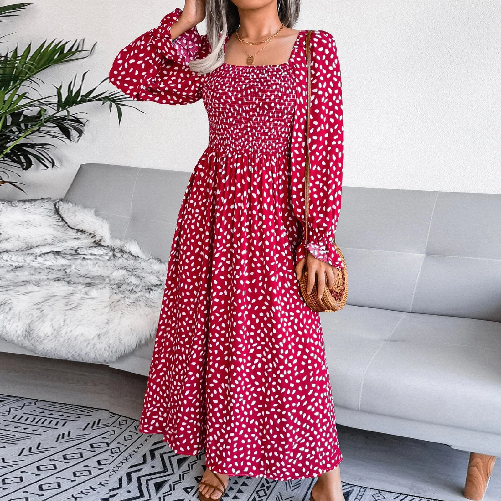 Dalmatian Print Flounce Sleeve Square Neck Shirred A Line Dress