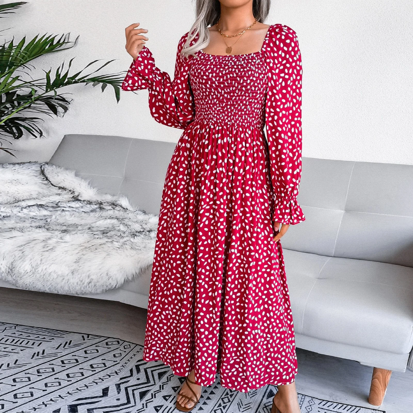 Dalmatian Print Flounce Sleeve Square Neck Shirred A Line Dress - Image 10