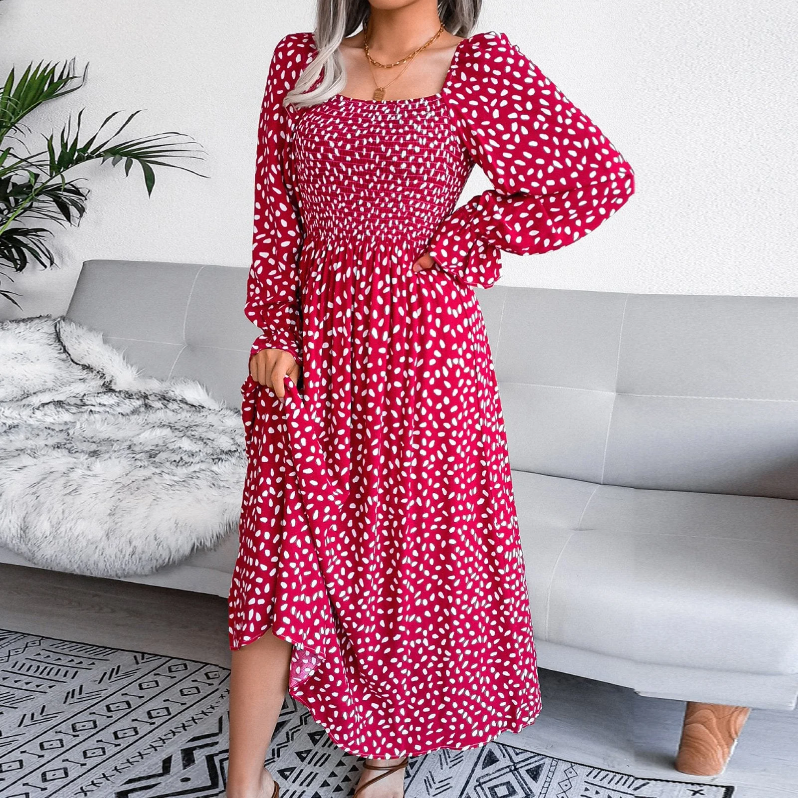 Dalmatian Print Flounce Sleeve Square Neck Shirred A Line Dress - Image 11