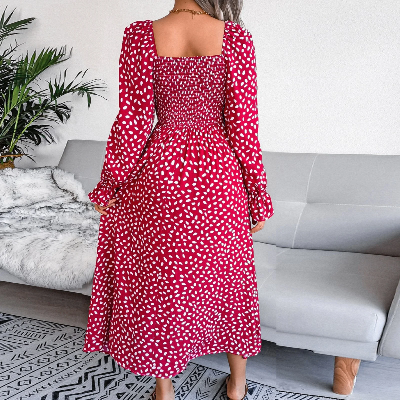 Dalmatian Print Flounce Sleeve Square Neck Shirred A Line Dress - Image 12