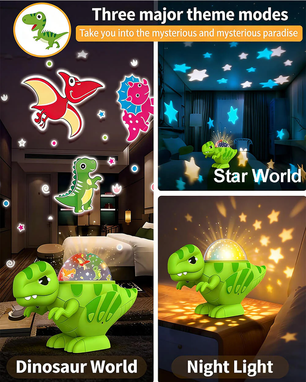Dinosaur Night Light Projector with Dino & Star Dual Films 360° Rotation Dimmable Lamp for Kids - Image 4
