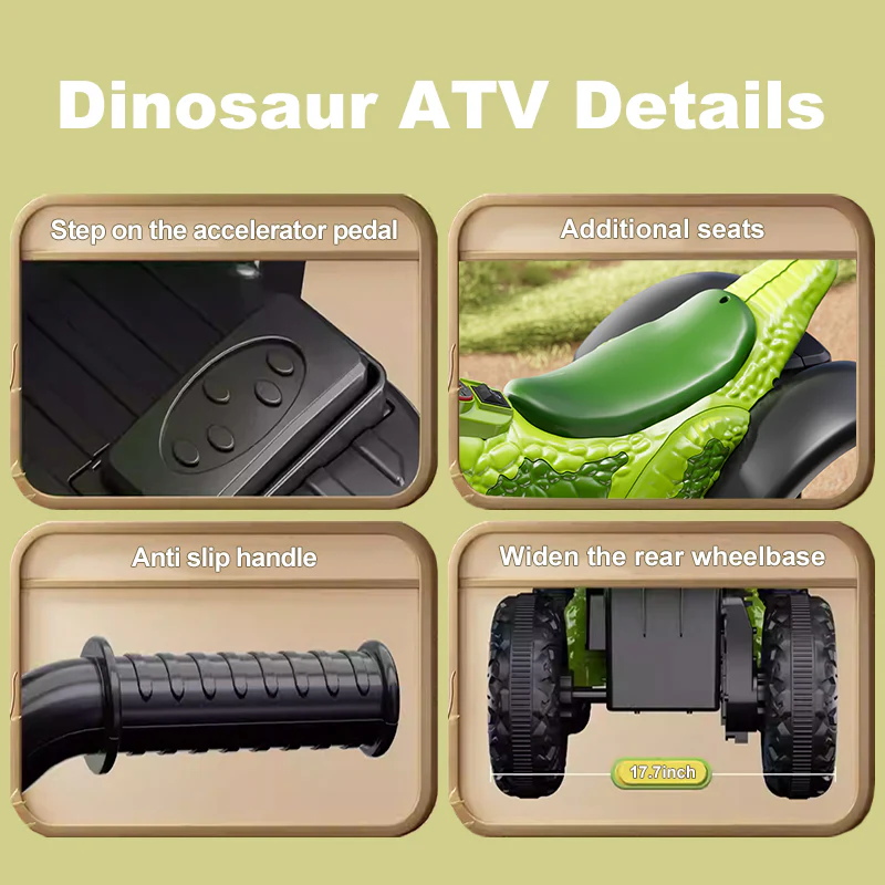 Kids Ride-on Dinosaur ATV Safe Electric Dinosaur Car Interactive with Sounds and Lights - Image 4