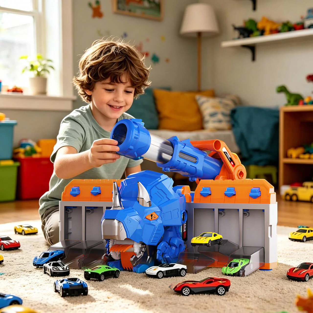 Dinosaur Transporter Truck 3-in-1 Swallowing Car with 360° Launcher and 18pcs Mini Cars for Kids - Image 11