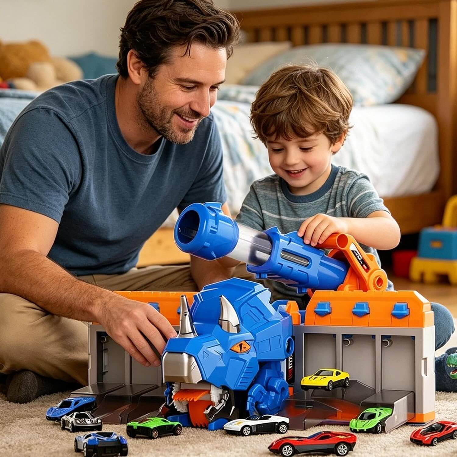 Dinosaur Transporter Truck 3-in-1 Swallowing Car with 360° Launcher and 18pcs Mini Cars for Kids - Image 12