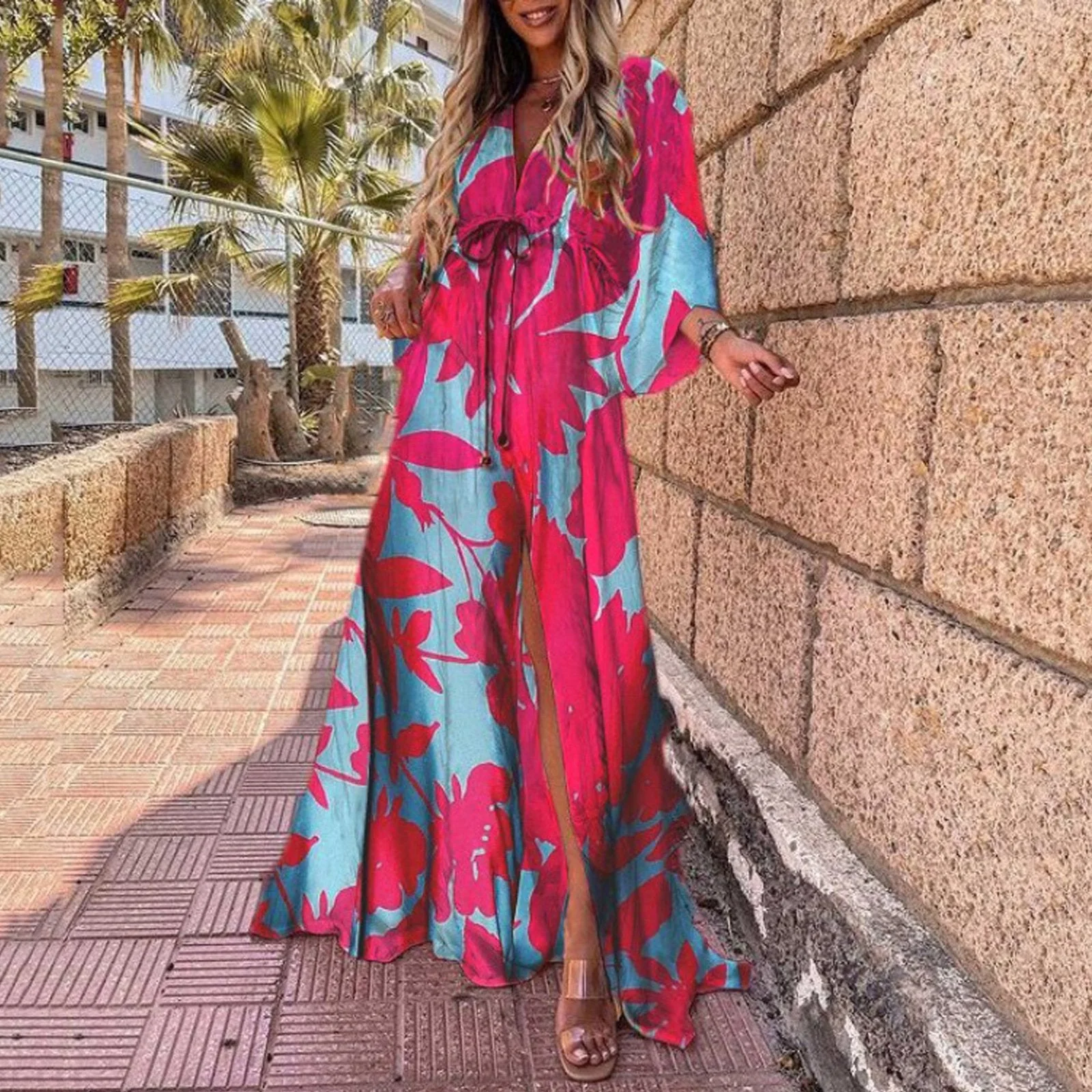 Drawstring Allover Heart & Leopard & Marble &  Floral & Graphic Print Plunging Neck Lantern Sleeve Maxi Dress - Image 2