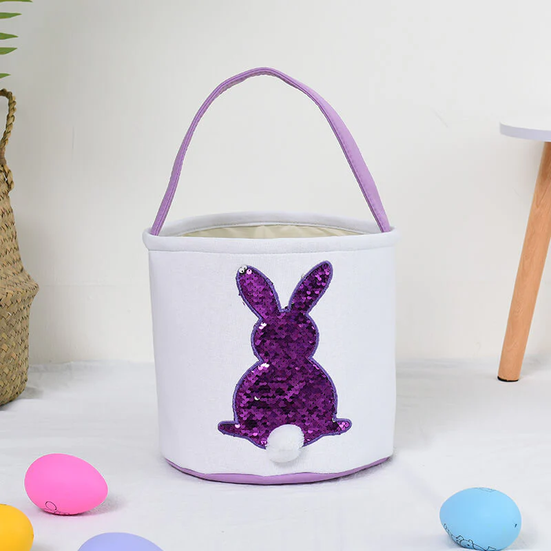 Easter Bunny Basket Canvas Sequin Tote Bags Kids Easter Egg Hunt Rabbit Basket with Tail - Image 3