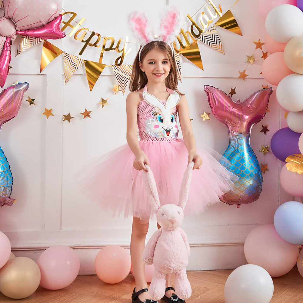 Girls Lovely Bunny Tutu Dress with Headband Backless Bunny Costume - Image 3