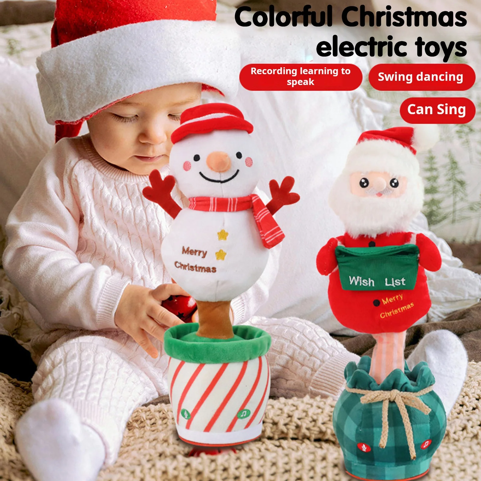 Electric Christmas Tree Santa Snowman Plush Toy Dancing Singing Recording Holiday Doll Decoration - Image 5