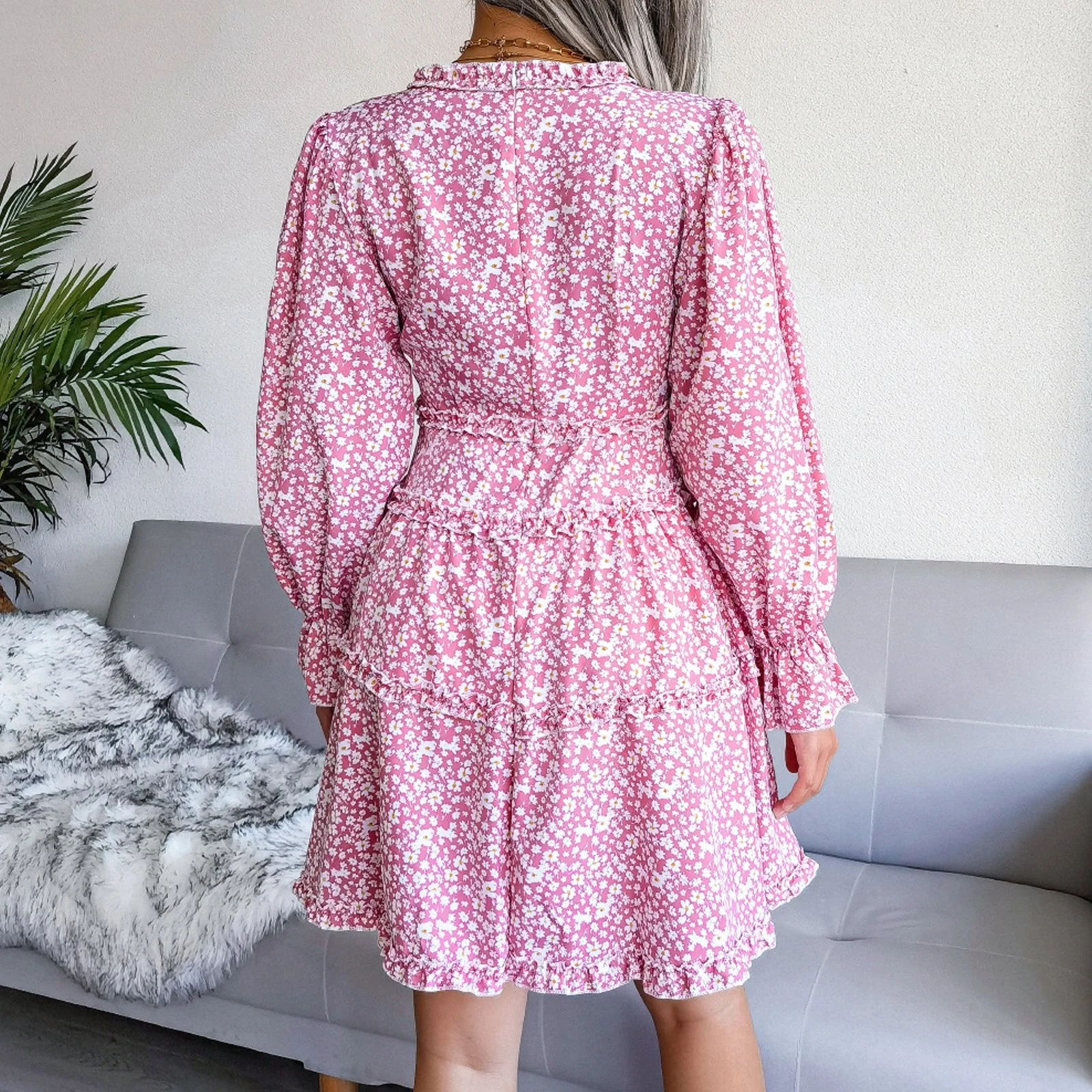 Elegent Chiffon Dress Floral Printed Deep V-neck Midi Party Dress - Image 6
