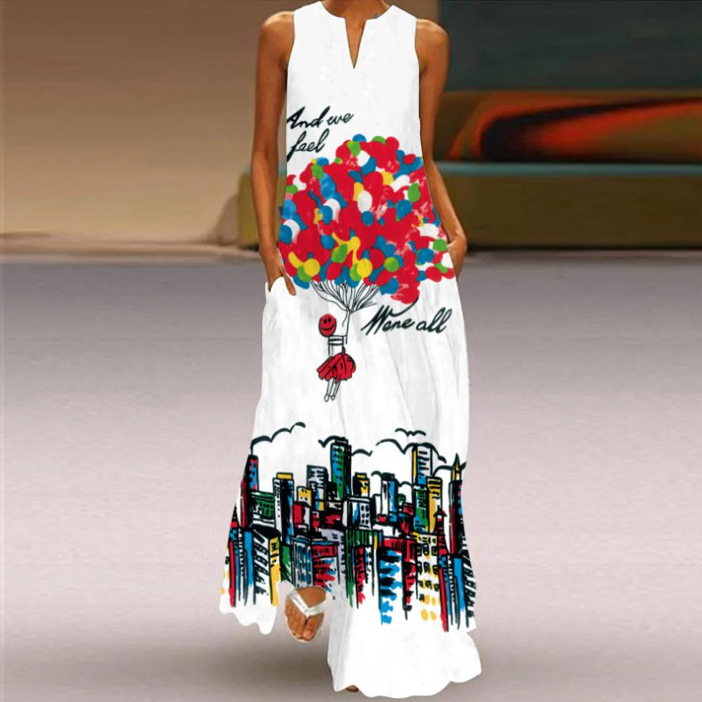 Feather & Balloon & Sun & Geometric Print Sleeveless V Neck Maxi Dress - Image 2