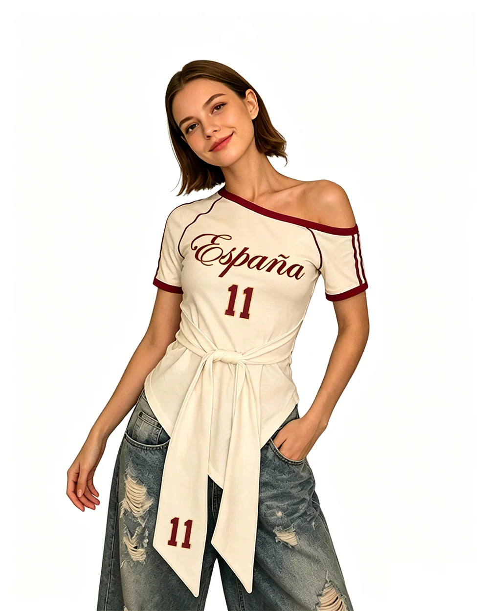 Female Spain Jersey Cream White Off Shoulder Waist-Tie Top for Soccer Fan Watch Party and Street Wear - Image 6