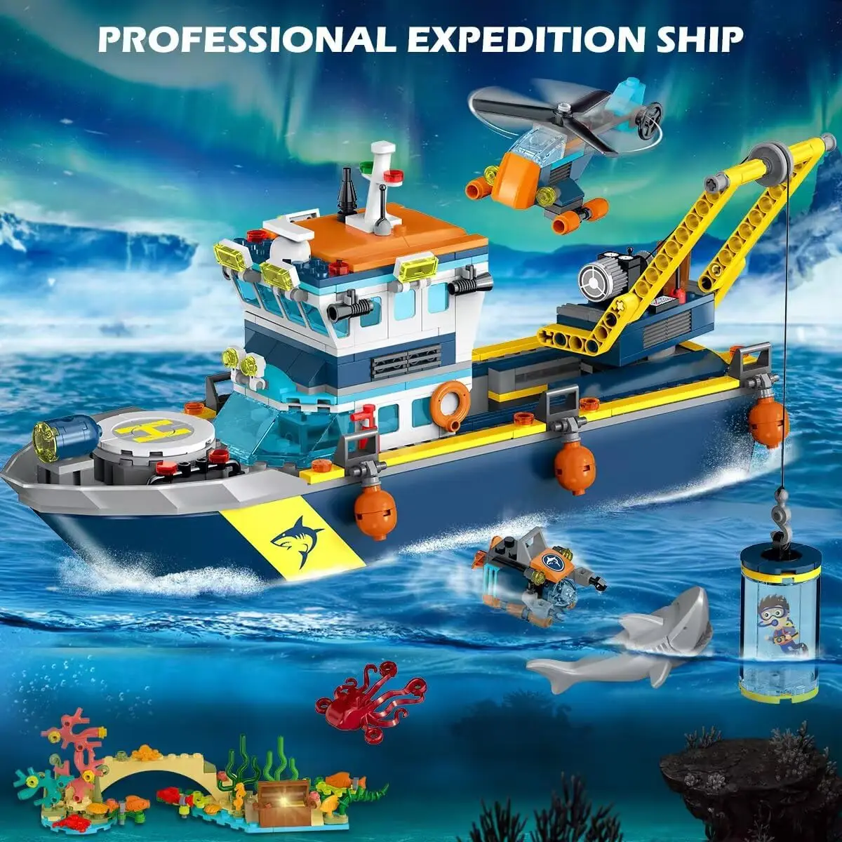 Floatable Boat Building Block Set with LED Light Ocean Arctic Explorer Ship Helicopter Sub Exploration Toy - Image 5