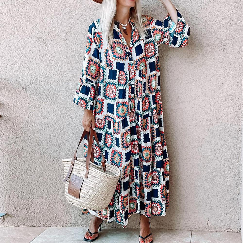 Floral & Geo Print V Neck Flounce Sleeve Maxi Dress - Image 3