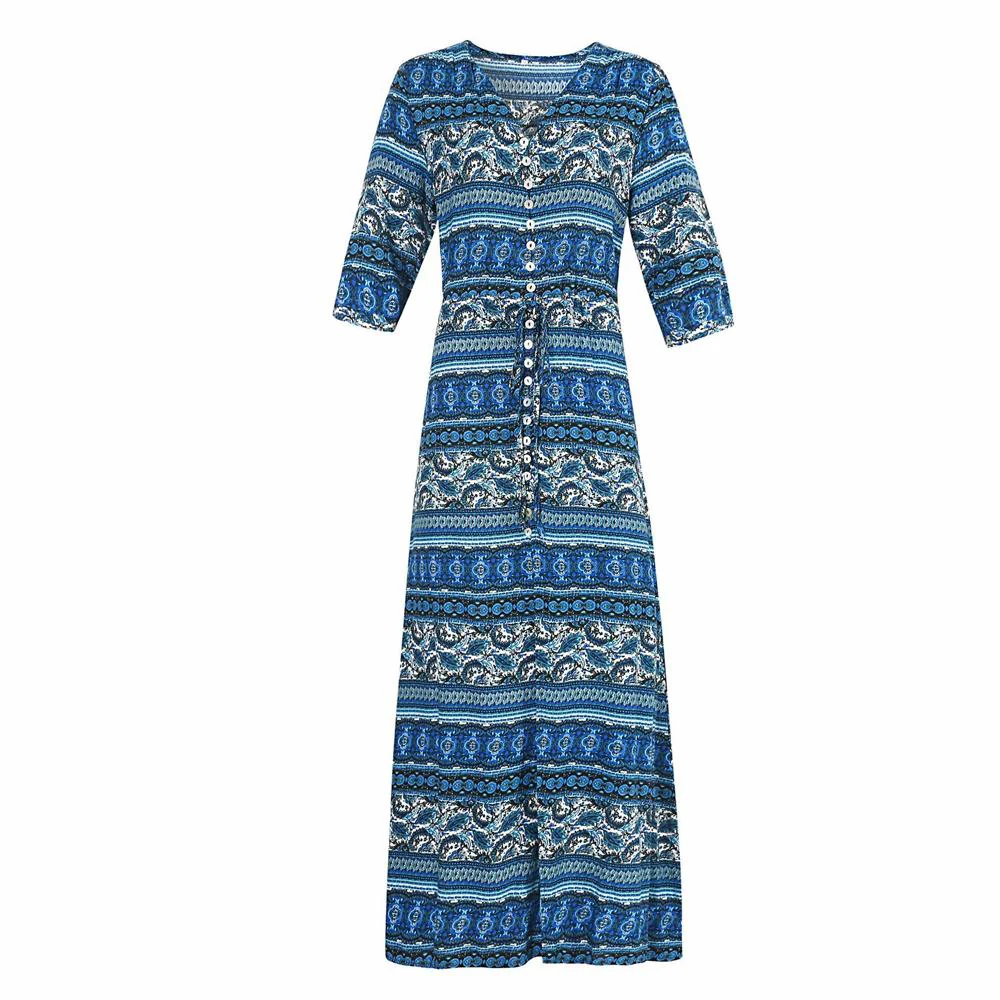 Floral Print Half Sleeve Button Front Tie Waist Split Thigh Dress - Image 5