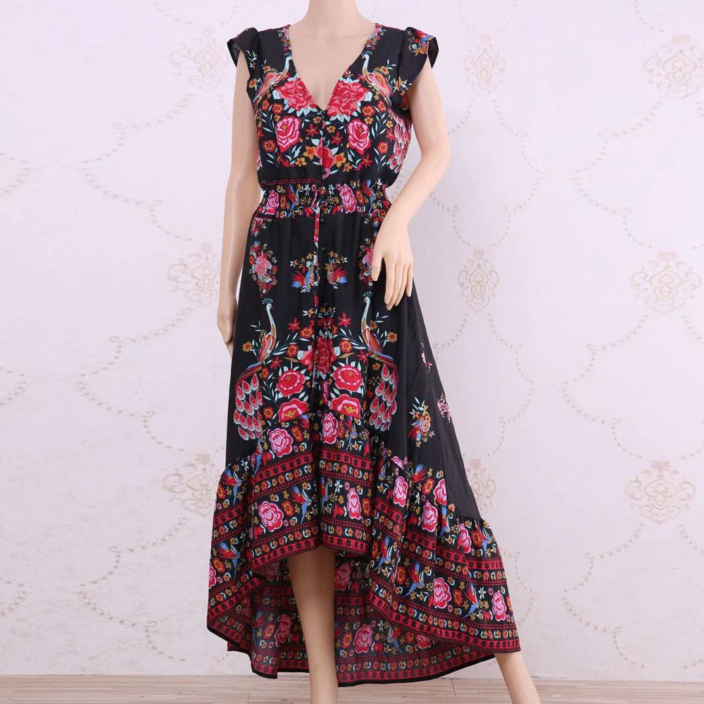 HOT SALE Floral Print Shirred Waist Butterfly Sleeve Tie Front High Low Hem Dress - Image 5