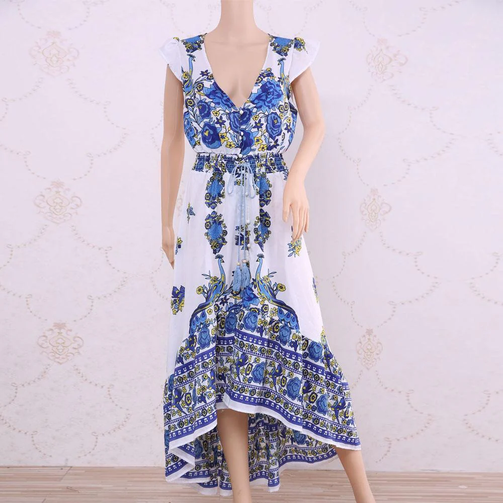 HOT SALE Floral Print Shirred Waist Butterfly Sleeve Tie Front High Low Hem Dress - Image 6