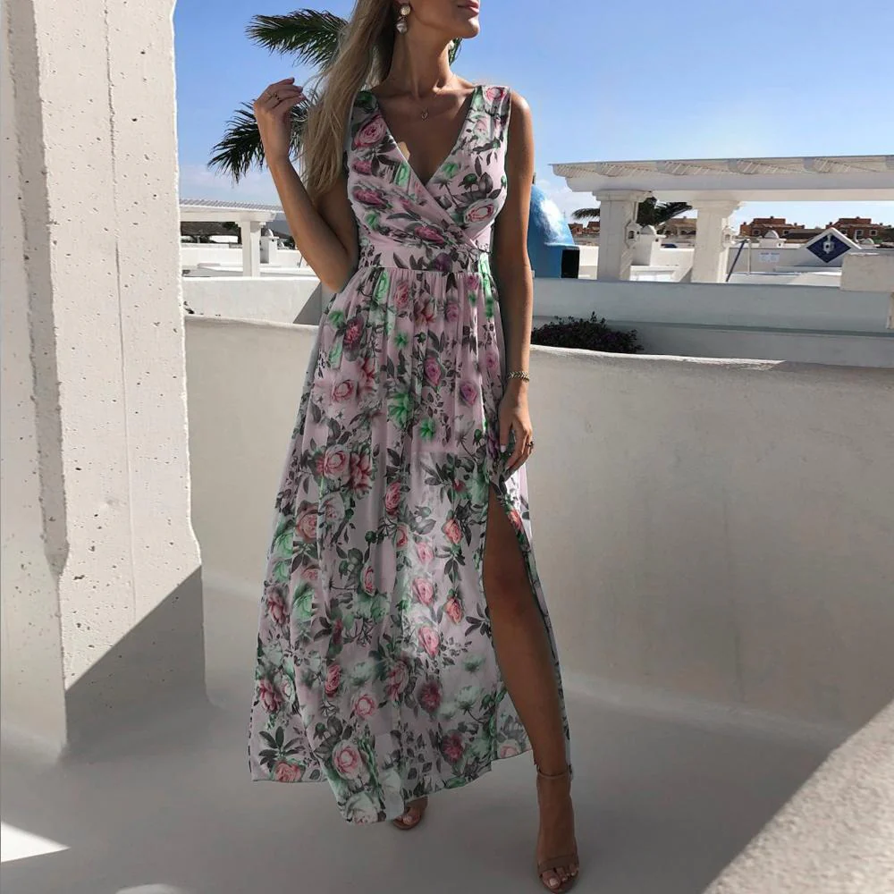Floral Print Surplice Neck Sleeveless Split Thigh Maxi Dress - Image 18