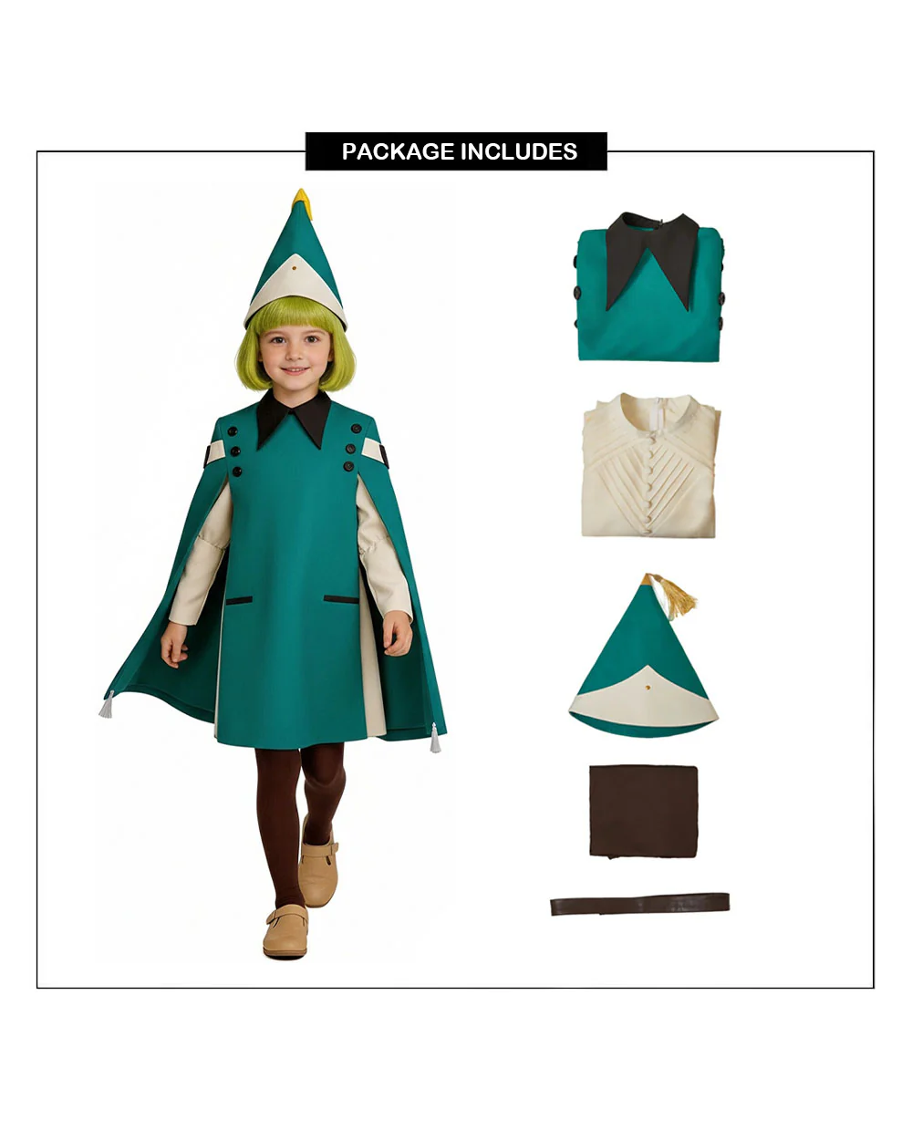 Forest Green Magic Student Uniform Emerald Cape with Dress and Structured Wizard Cap for 2026 Anime Expo - Image 11