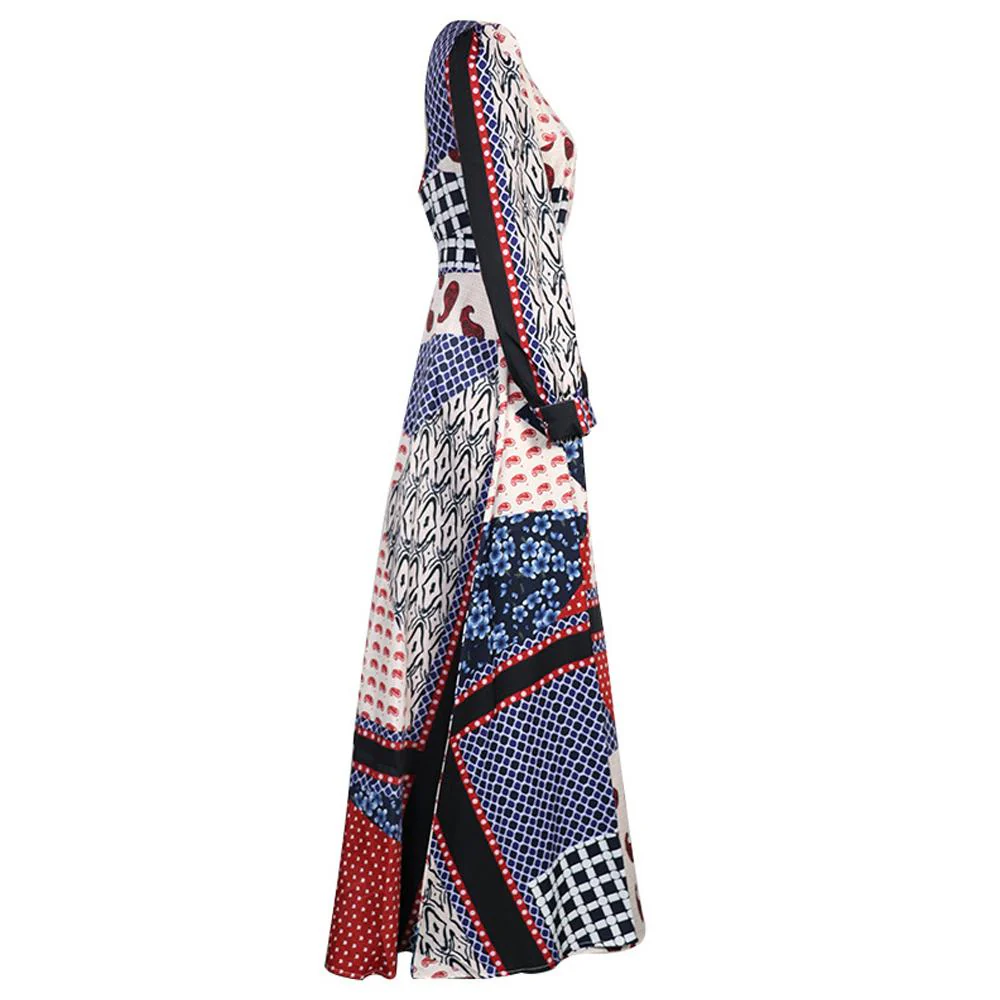 Geo Print Surplice Front V Neck Bishop Sleeve Backless Long Dress - Image 6