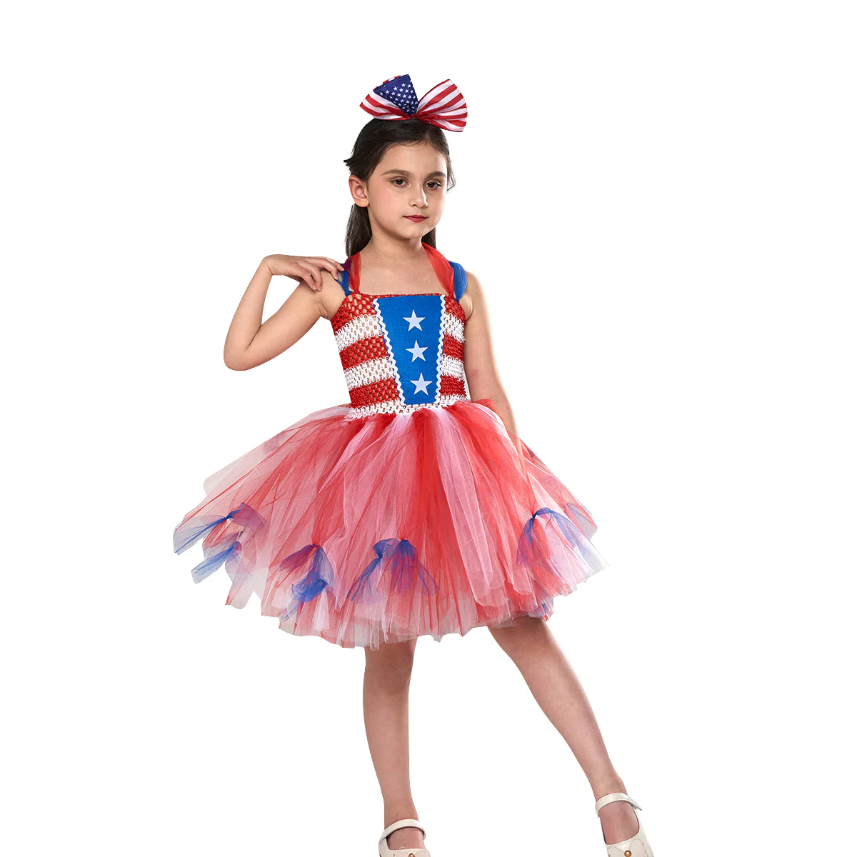 Girl American Flag Dress and Headband 4th of July Clothes for National Day Parade - Image 2