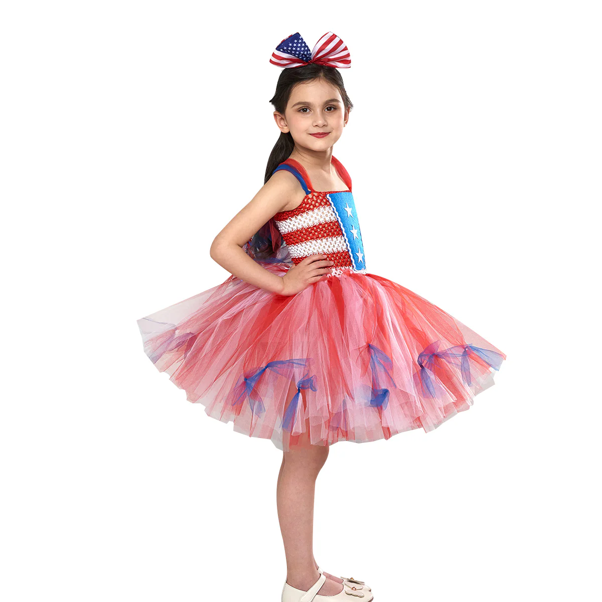Girl American Flag Dress and Headband 4th of July Clothes for National Day Parade - Image 3