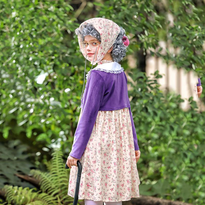 Girls 100 Days of School Old Lady Costume Grandma Cosplay Outfit Dress Wig Walking Stick Full Set - Image 4