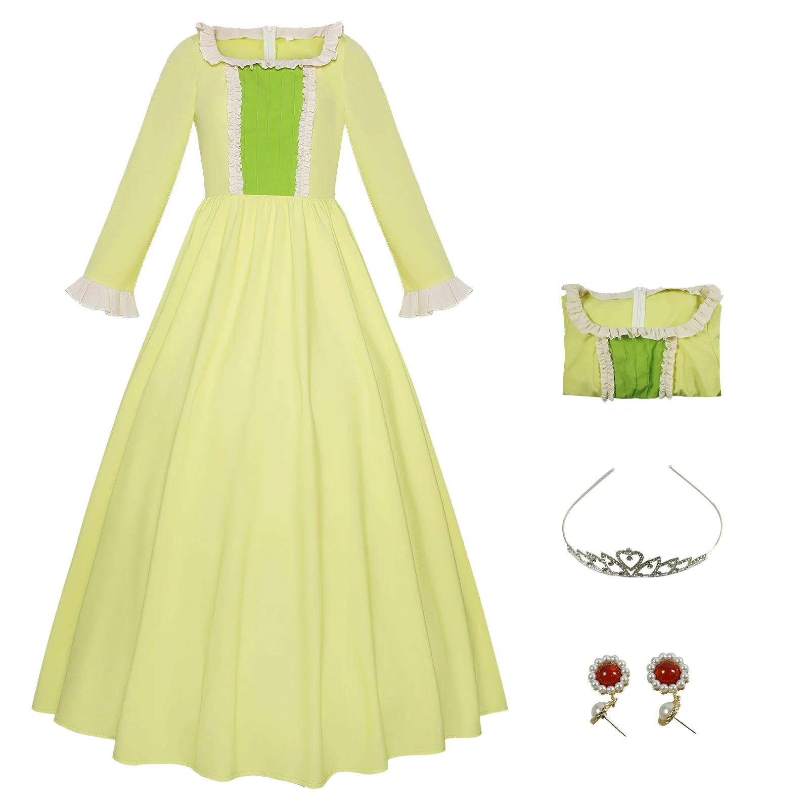 Girls Amber Princess Costume Lime Green Long Sleeve Dress with Crown and Earings for Themed Party - Image 10