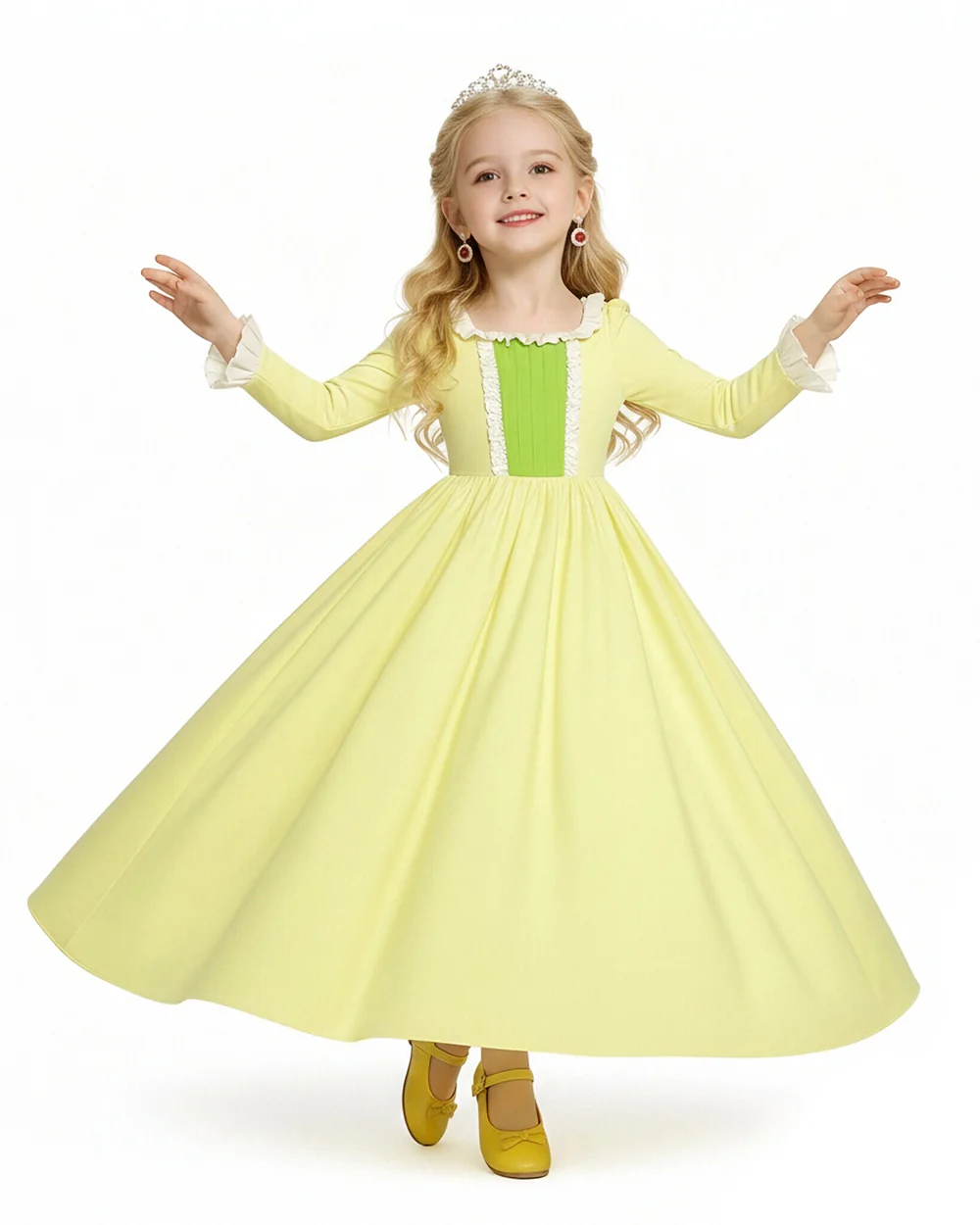 Girls Amber Princess Costume Lime Green Long Sleeve Dress with Crown and Earings for Themed Party - Image 2