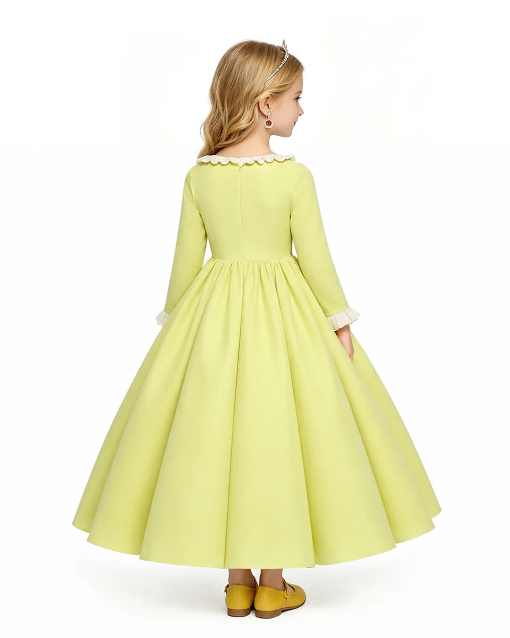 Girls Amber Princess Costume Lime Green Long Sleeve Dress with Crown and Earings for Themed Party - Image 5