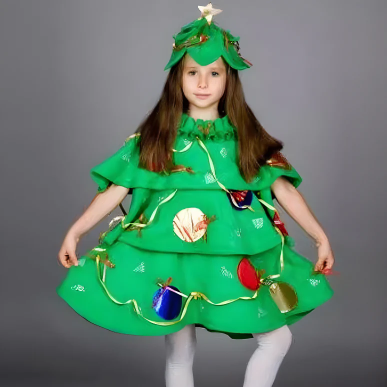 Girls Christmas Costume Xmas Tree Dress and Hat Green Outfit for Party - Image 2