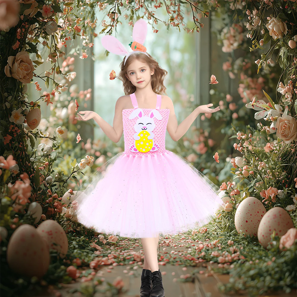 Girls Easter Dress Cute Bunny Rabbit Costumes Pink Dress with Headband 2pcs Suit for Parties - Image 2