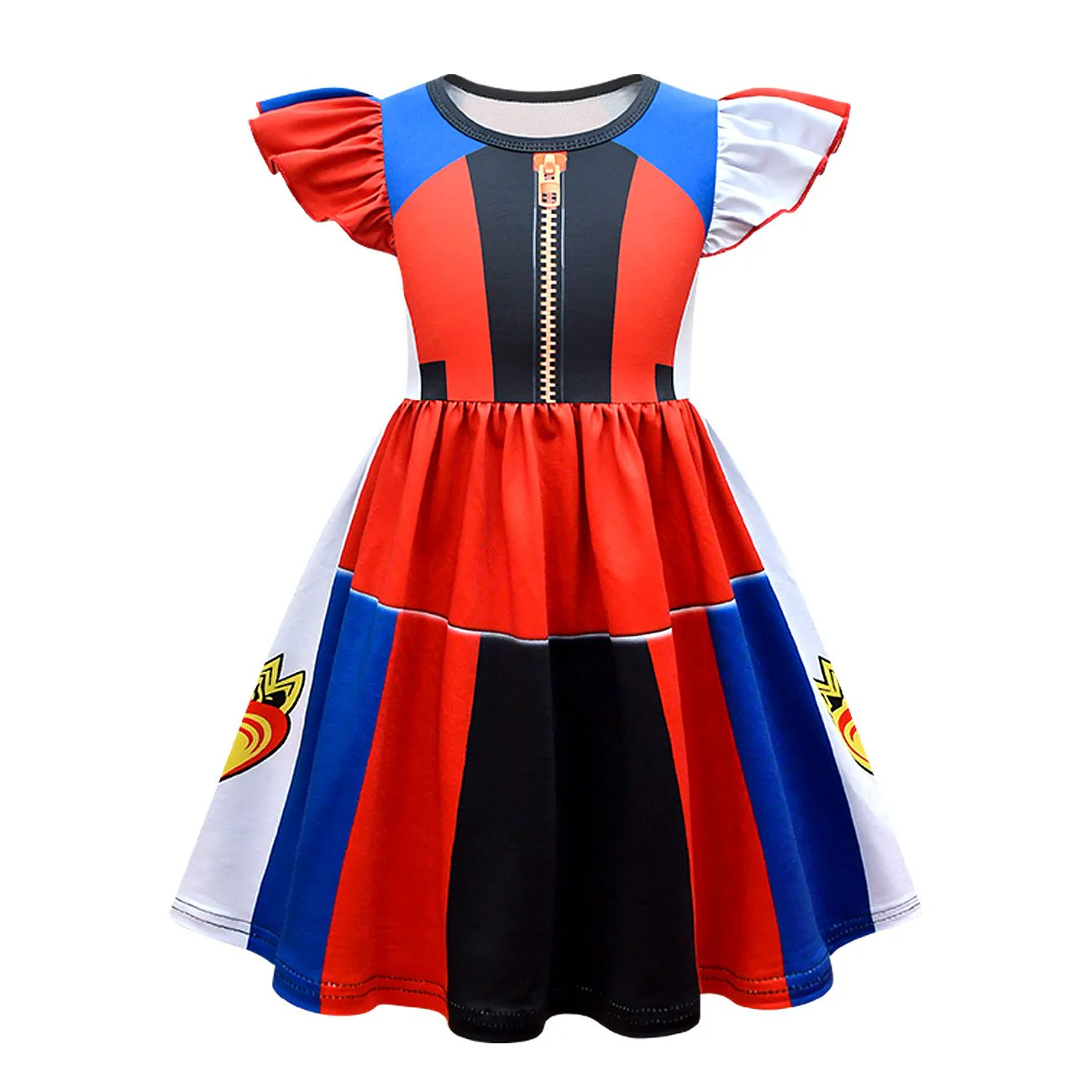 Girls Evie Costume Fly Sleeve Dress with Blue Wig for Halloween Cosplay - Image 2