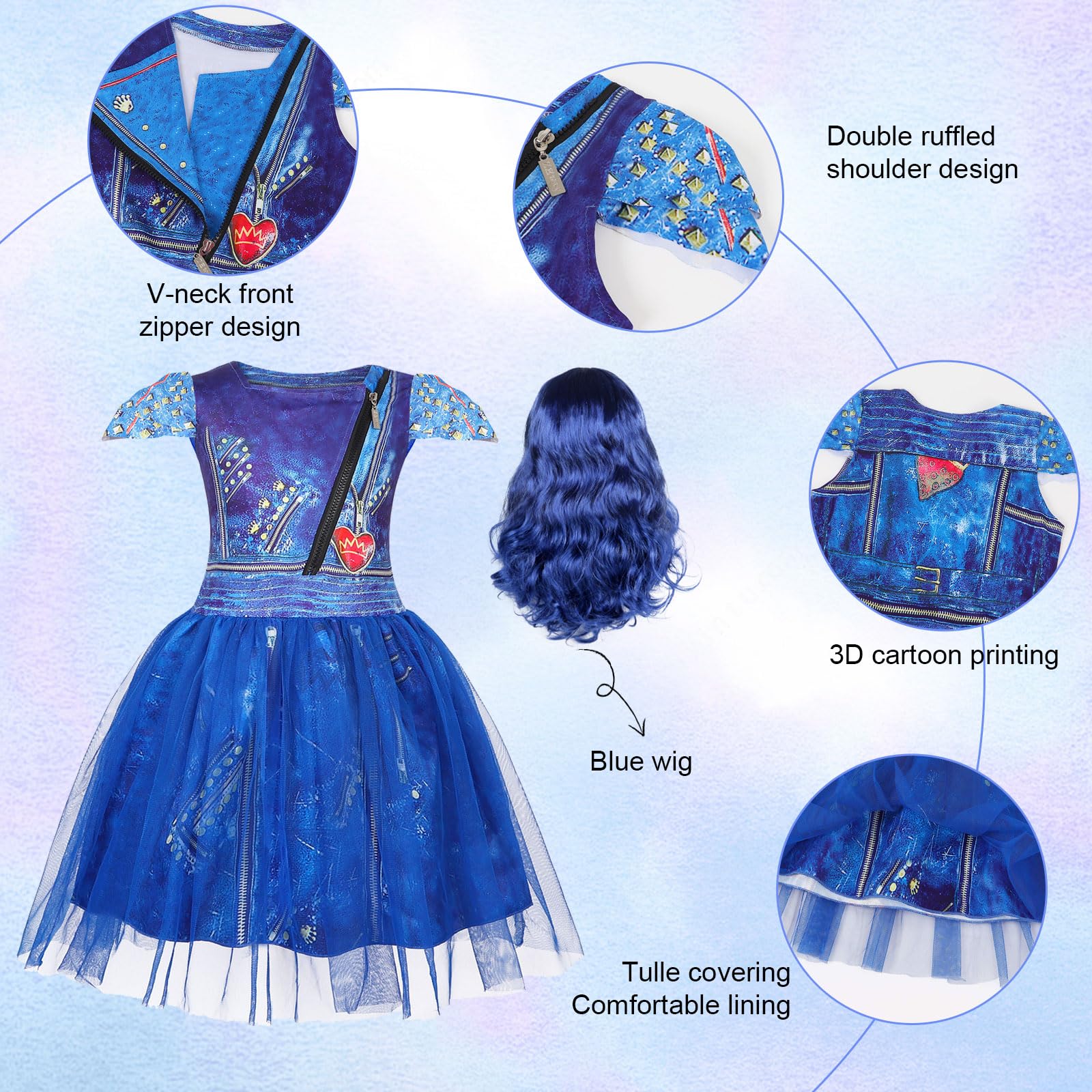Girls Evie Costume Princess Birthday Party Tulle Dress Cosplay Fancy Outfit - Image 7