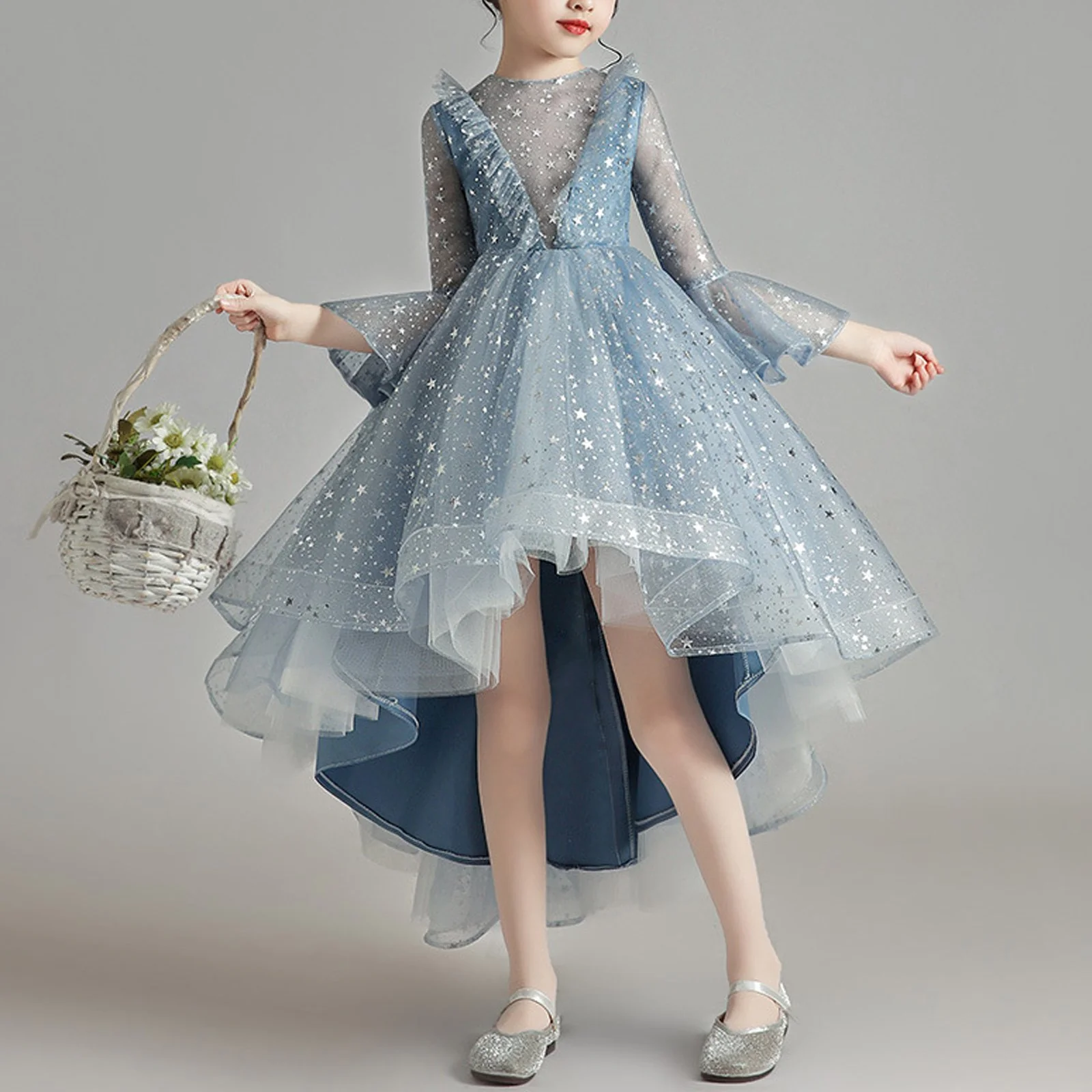 Girls Fashion Gold Sequins Prom Dress Children Pageant Gown Princess High-low Dress - Image 2